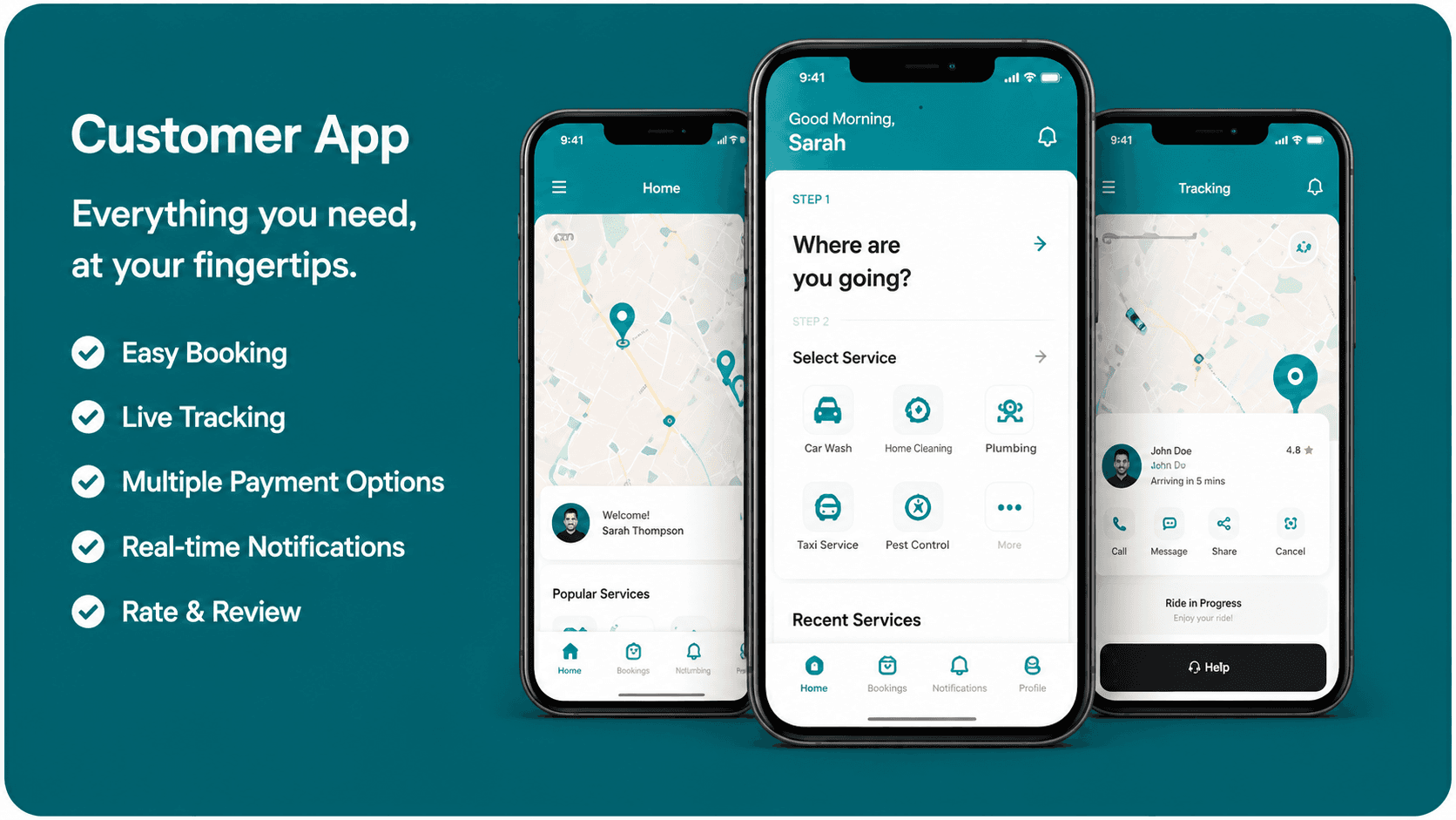 RoadHero Customer App showcase: easy booking, live tracking, multiple payment options, real-time notifications, and rate & review