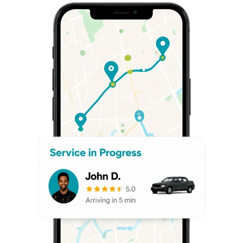 RoadHero customer app showing live tracking with a Service in Progress status card